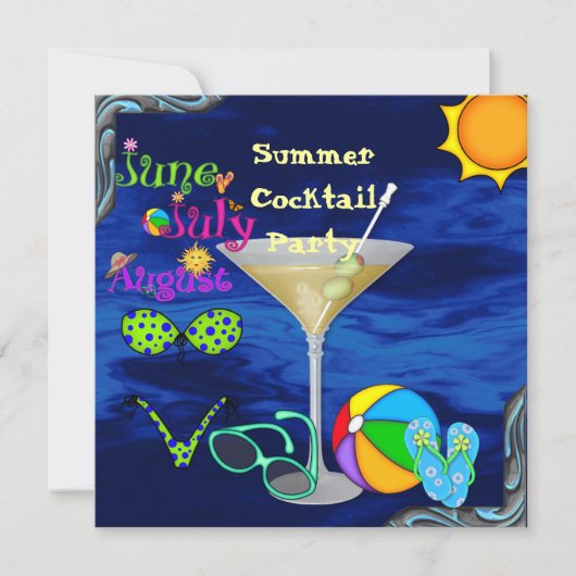 Pool Party INVITATION with Cocktails,Sunglass Kaart (Voorkant)