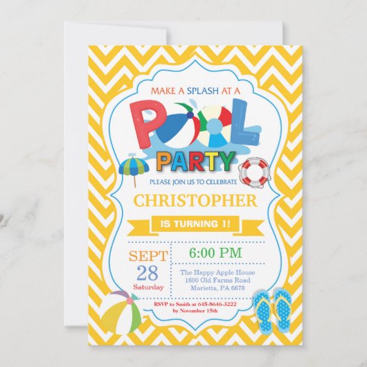 Pool Party Invitation Yellow Splish Splash Boy Kaart (Voorkant)