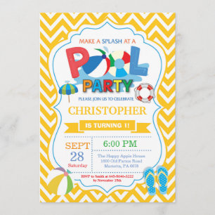 Pool Party Invitation Yellow Splish Splash Boy Kaart