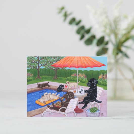 Pool Party Labradors 2 Painting Briefkaart (Staand voorkant)