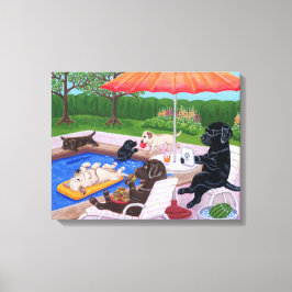 Pool Party Labradors 2 Painting Canvas Afdruk