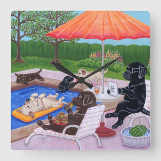 Pool Party Labradors 2 Painting Vierkante Klok (Voorkant)