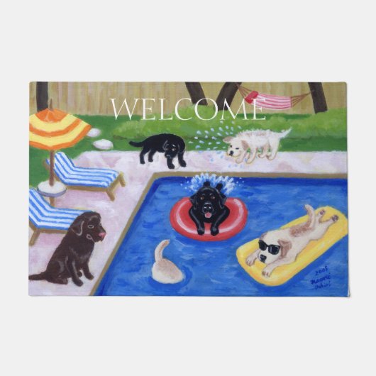 Pool Party Labradors Leuk Schilderen Deurmat (Voorkant)