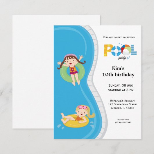 Pool Party (meisje) Kaart (Voorkant / Achterkant)