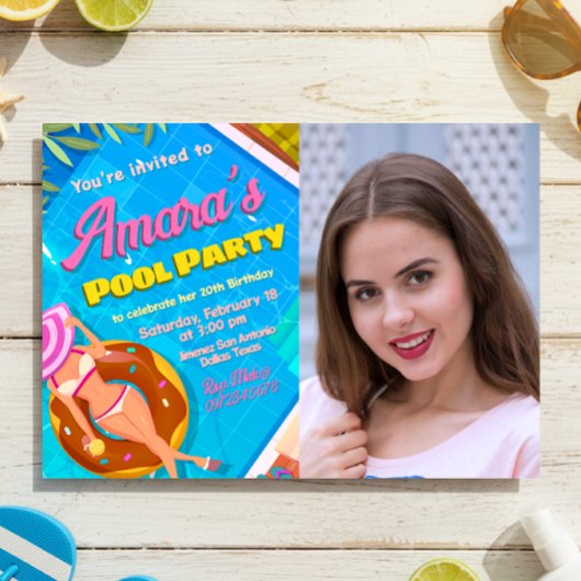 Pool Party - Meisje met Foto Uitnodiging