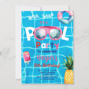 Pool party meisje verjaardag uitnodiging, zwembad  kaart