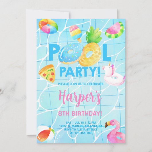 Pool party meisje verjaardag uitnodiging, zwembad  kaart (Voorkant)
