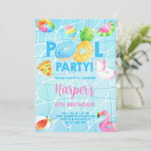 Pool party meisje verjaardag uitnodiging, zwembad  kaart (Staand voorkant)
