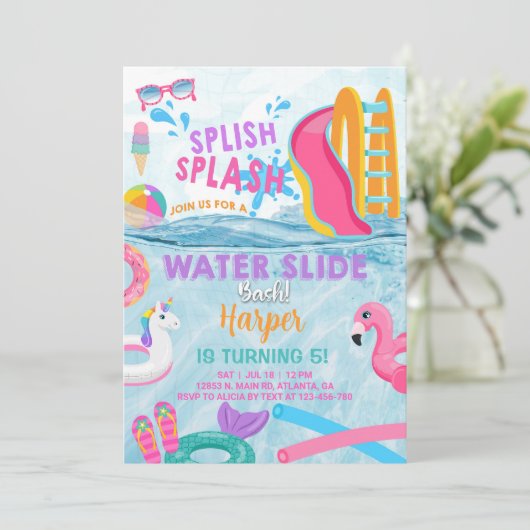 Pool party meisje water slide bash uitnodigen. kaart (Staand voorkant)