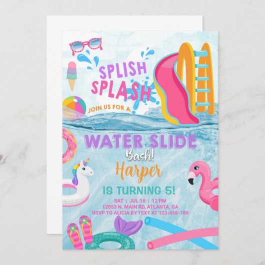Pool party meisje water slide bash uitnodigen. kaart (Voorkant / Achterkant)