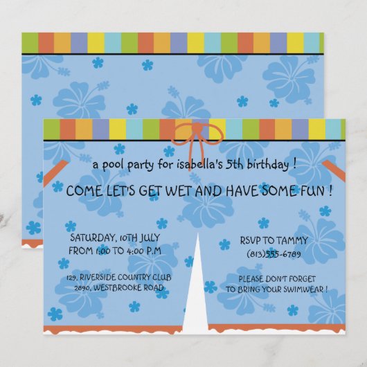 Pool party - meisjes verjaardagsuitnodiging kaart (Voorkant / Achterkant)