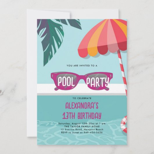 Pool Party Modern Tropical Leaf Schattige Tiener V Kaart (Voorkant)