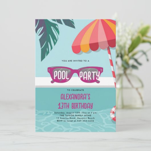 Pool Party Modern Tropical Leaf Schattige Tiener V Kaart (Staand voorkant)