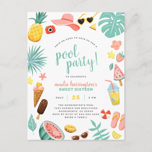 Pool Party | Moderne zomerdag met gemarmerde verja Uitnodiging Briefkaart (Voorkant)