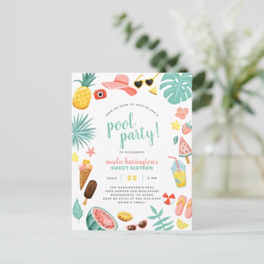 Pool Party | Moderne zomerdag met gemarmerde verja Uitnodiging Briefkaart (Staand voorkant)