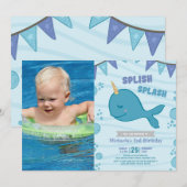 Pool party narwhal verjaardagsfoto kaart (Voorkant / Achterkant)