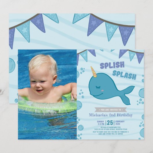 Pool party narwhal verjaardagsfoto kaart (Voorkant / Achterkant)