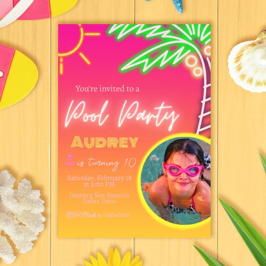 Pool Party Neon Pink met foto Kaart
