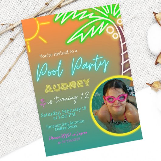 Pool Party Neon Uitnodiging met Afbeelding