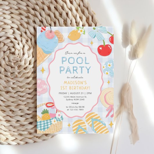 Pool Party Pastel Doodle Beach Birthday Kaart