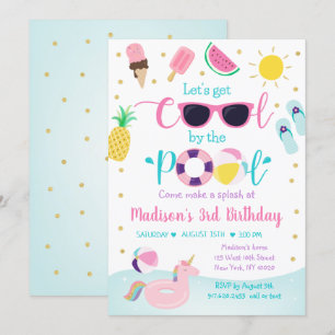 Pool Party Pink Gold Girl Birthday Kaart