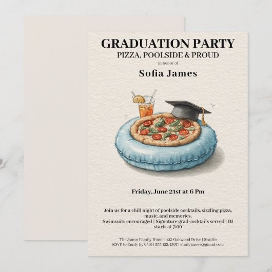 Pool Party Pizza Graduation Celebration Invitation Kaart (Voorkant / Achterkant)