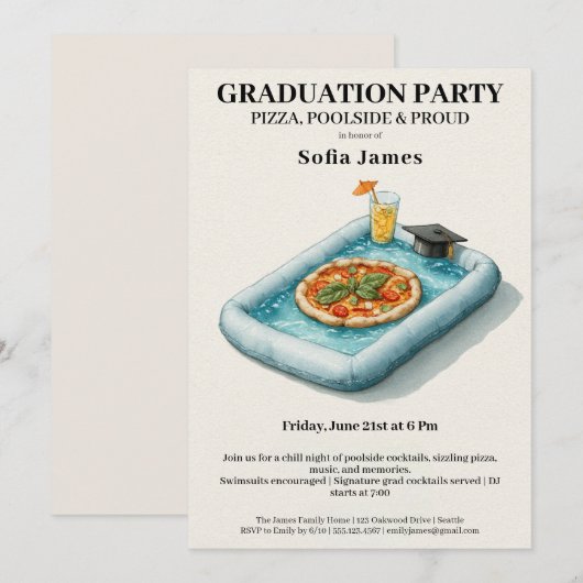 Pool Party Pizza Graduation Celebration Invitation Kaart (Voorkant / Achterkant)