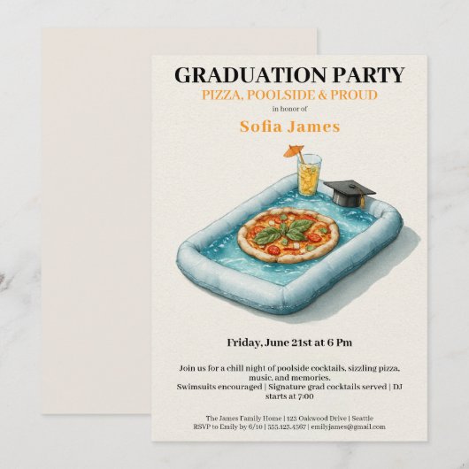 Pool Party Pizza Graduation Celebration Invitation Kaart (Voorkant / Achterkant)