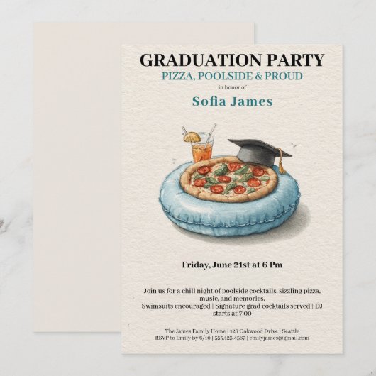 Pool Party Pizza Graduation Celebration Invitation Kaart (Voorkant / Achterkant)