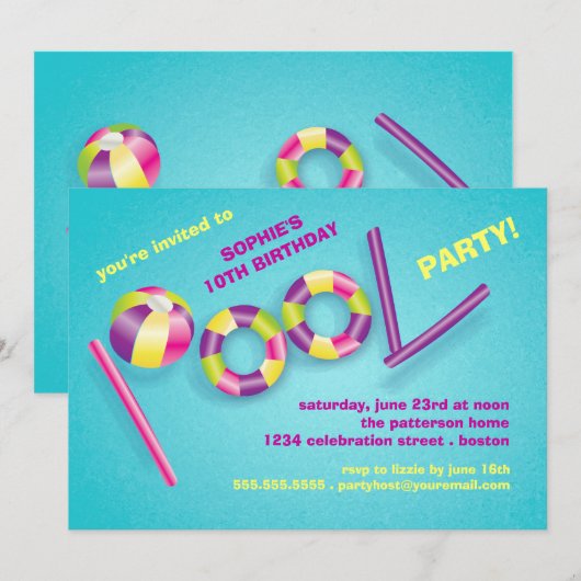 Pool Party Pool Toys Birthday Uitnodiging (Voorkant / Achterkant)