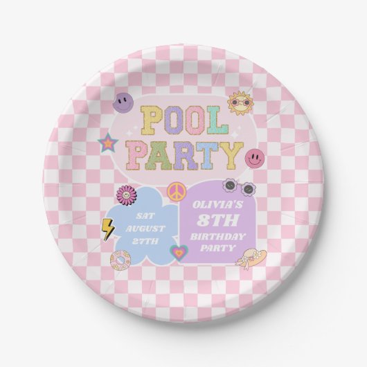 Pool Party Preppy Varsity Patch Verjaardagsfeestje Papieren Bordje (Voorkant)