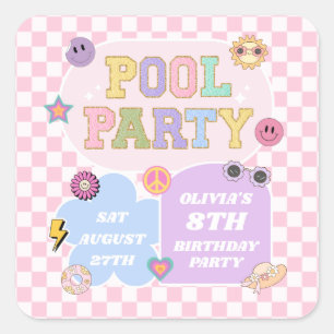 Pool Party Preppy Varsity Patch Verjaardagsfeestje Vierkante Sticker