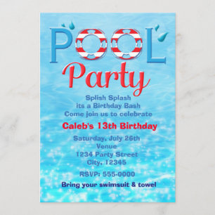 POOL PARTY Red Birthday Typography Swim Invitation Kaart