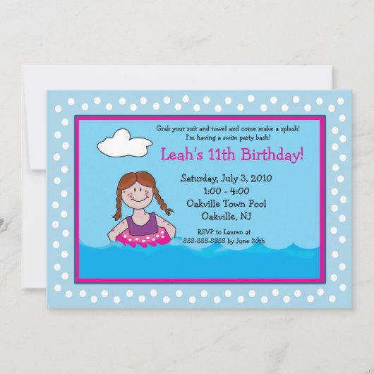 POOL Party Red head Girl 5x7 Birthday Invitations Kaart (Voorkant)