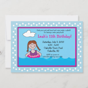 POOL Party Red head Girl 5x7 Birthday Invitations Kaart