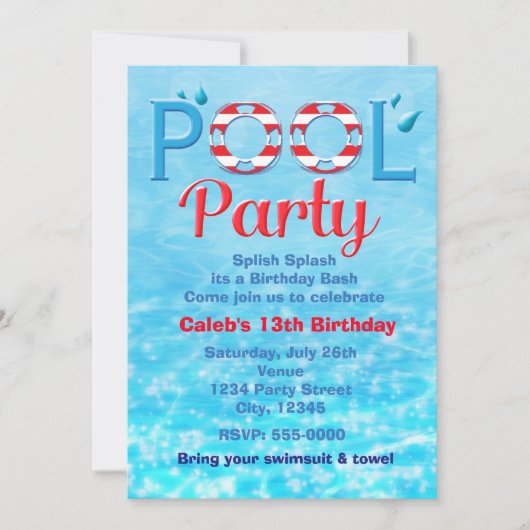 POOL PARTY Rode Verjaardag Typografie Zwemuitnodig Kaart (Voorkant)