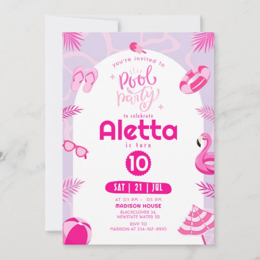 Pool Party Roze bewerkbare verjaardagsuitnodiging Kaart (Voorkant)