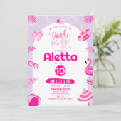 Pool Party Roze bewerkbare verjaardagsuitnodiging Kaart (Staand voorkant)