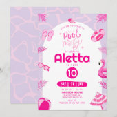 Pool Party Roze bewerkbare verjaardagsuitnodiging Kaart (Voorkant / Achterkant)