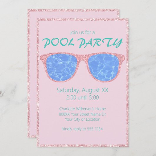 Pool Party Roze Glitter Zonnebril Kaart (Voorkant / Achterkant)