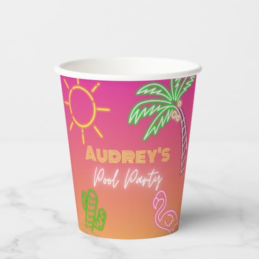Pool Party Roze Neon papieren bekers (Voorkant)