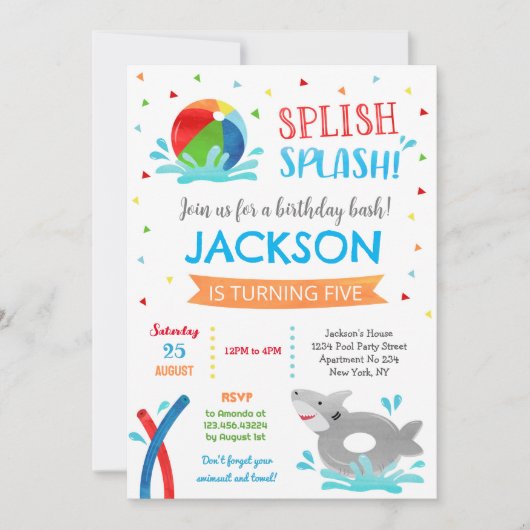 Pool Party Shark Summer Boy Birthday Invitations Save The Date (Voorkant)
