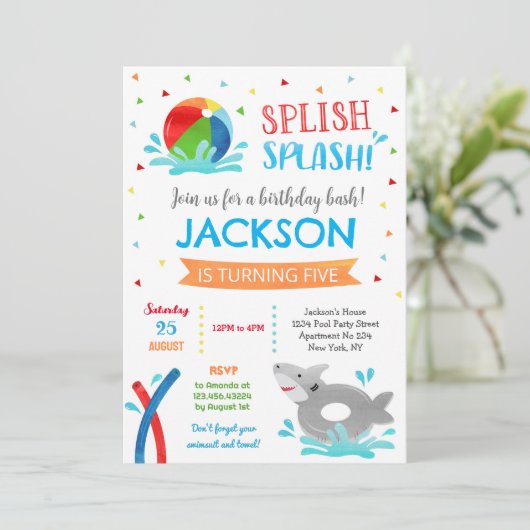 Pool Party Shark Summer Boy Birthday Invitations Save The Date (Staand voorkant)