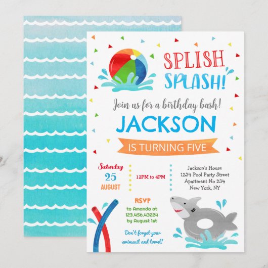 Pool Party Shark Summer Boy Birthday Invitations Save The Date (Voorkant / Achterkant)