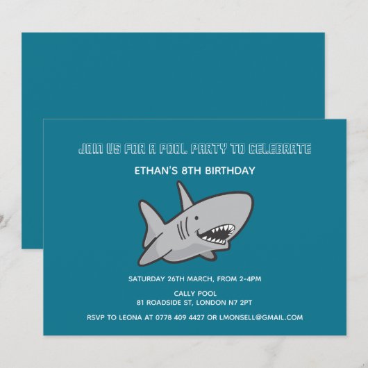 Pool Party Shark Verjaardag Uitnodiging (Voorkant / Achterkant)
