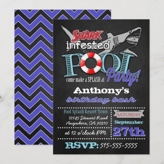 Pool Party Shark Verjaardag Uitnodigingen (Voorkant / Achterkant)