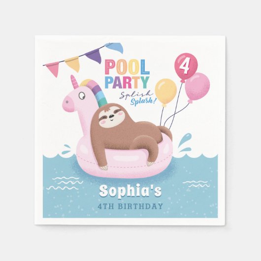 Pool Party Sloth with Balloons Summer Birthday Nap Servet (Voorkant)