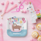 Pool Party Sloth with Balloons Summer Birthday Papieren Bordje (Feest)