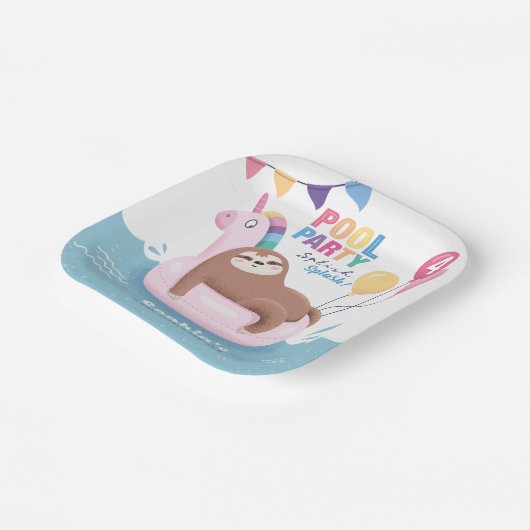 Pool Party Sloth with Balloons Summer Birthday Papieren Bordje (Gebogen)