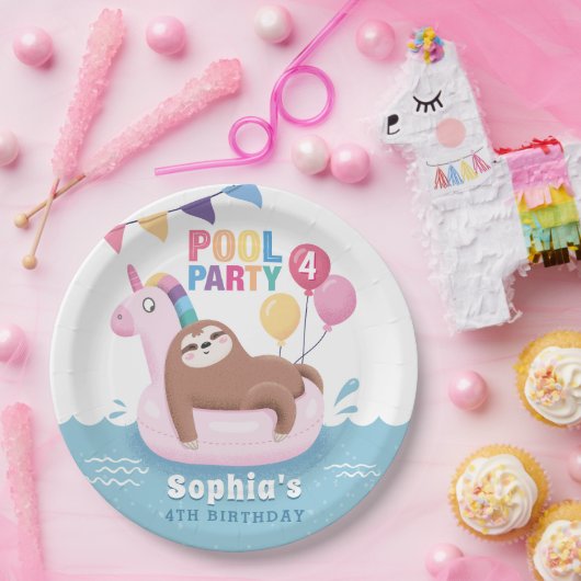 Pool Party Sloth with Balloons Summer Birthday Papieren Bordje (Feest)